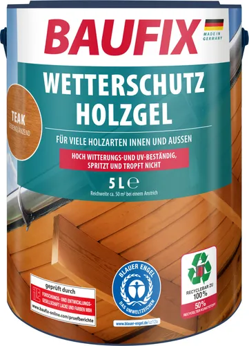 BAUFIX Wetterschutz-Holzgel 5 Liter (Teak) - Versiegelung & Fleckenentferner - tropfgehemmte Holzlasur, ideal für Überkopf-Arbeiten, witterungsbeständig und UV-beständig für langlebigen Schutz.