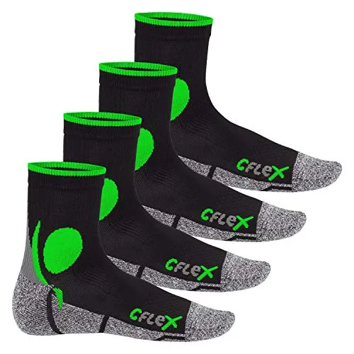 CFLEX AY94618 Lauf-Socken 4er Set Schwarz-Grün 39-42 - Bequeme Funktionssocken für Damen und Herren, ideal für Einsteiger im Laufsport. Feuchtigkeitsregulierender Materialmix und anatomische Polsterung für optimalen Komfort auf mittleren bis langen Strecken.