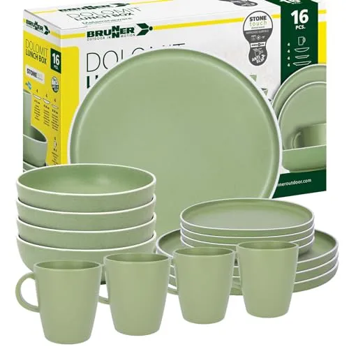 BRUNNER Melamin Geschirr-Set Camping | 16-teilig für 2-4 Personen - Hochwertiges, kratzfestes Melamingeschirr für Camping, Picknick und Grillen. Mit Antirutsch-Gummiring für Stabilität und leisen Transport. Spülmaschinenfest, BPA-frei und ideal für den Outdoor-Einsatz.