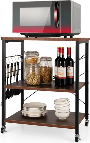 GOPLUS Servierwagen mit 3 Ebenen, Küchenwagen mit Rollen, Rollenwagen mit erstellbaren Regalen & 10 abnehmbaren Haken, 60 x 40 x 73,5 cm (Braun)