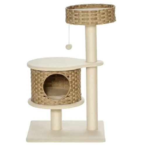 PawHut Kratzbaum Rattan mit Plattform – Multi-Aktivitätszentrum für Katzen - Kratzbäume – Bieten Sie Ihrer Katze ein sicheres Spiel- und Kratzvergnügen mit diesem stilvollen Kratzbaum aus PE-Rattan und Sisal.