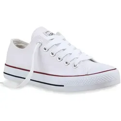 Mytrendshoe Damen Sneakers Sportschuhe Schnürer Schuhe 94237, Farbe: Weiß Rotstreifen Lucky, Größe: 36 - Weiß - 36