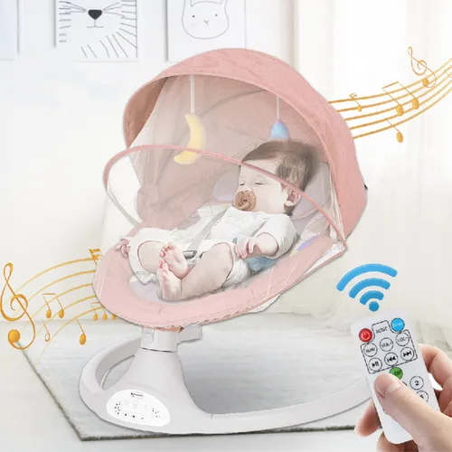 Elektrische Babywippe mit Fernbedienung und Moskitonetz – Pink - Entspannte Babyzeit mit 5 Schaukelgeschwindigkeiten, sicherem Fünfpunkt-Sicherheitsgurt und abnehmbarem Sitzbezug. Ideal für die Pflege von Babys bis 9 kg.
