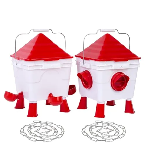 Todeco Futterautomat Hühner und Hühnertränke Set, 6Kg Hühner Futterautomat und 8L Automatische Wasserversorgung für Geflügel mit 4 Öffnungen & 4 Näpfen, verstellbaren Beinen und Stahlketten
