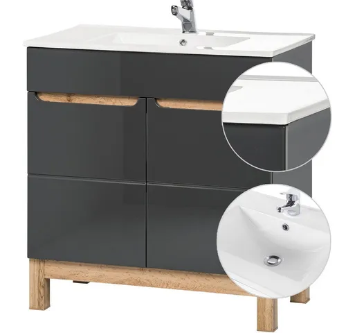 Lomadox Badezimmer Waschtisch Set mit Keramik-Waschbecken - Badezimmer Tischwaschbecken mit Hochglanz grau & Wotaneiche, Softclose-Türen und großzügigem Stauraum für eine elegante Badezimmergestaltung.
