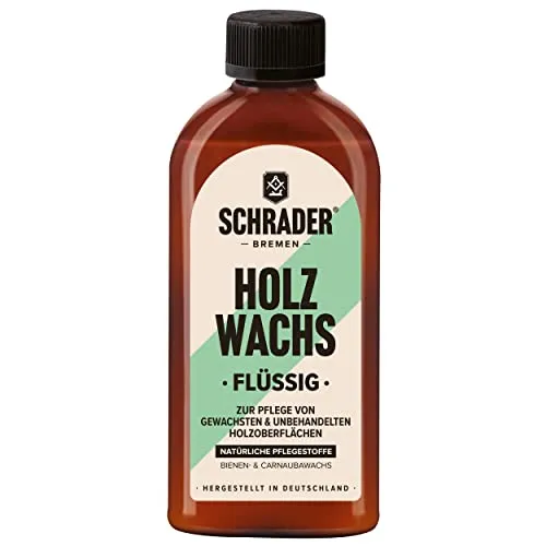 SCHRADER Holz Wachs Flüssig - schützende & imprägnierende Holzpflege - für gewachste, gelaugte & unbehandelte Holzoberflächen - 250ml Made in Germany