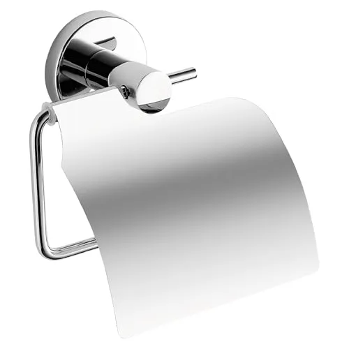 Gedy FELCE Plus Toilettenpapierhalter für Badezimmer mit Deckel, Chrom, Edelstahl, selbstklebend, ohne Bohrer, 13,5 x 5,5 x 14,5 cm