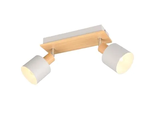 meineWunschleuchte 2flammiger Wand- und Deckenstrahler - Moderne Skandi Design Lampe in Hellgrau mit Holz, schwenkbare Spots und dimmbare E14 LED Leuchtmittel für flexibles Lichtambiente.