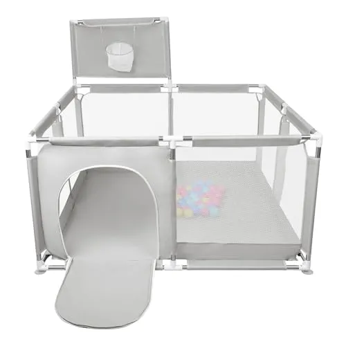 Laufstall aus Oxford-Stoff für kleine Kinder mit Barrieren und 50 Bällen, Basketballgestell, 4 Saugnäpfen, 126 x 126 x 66 cm, hellgrau