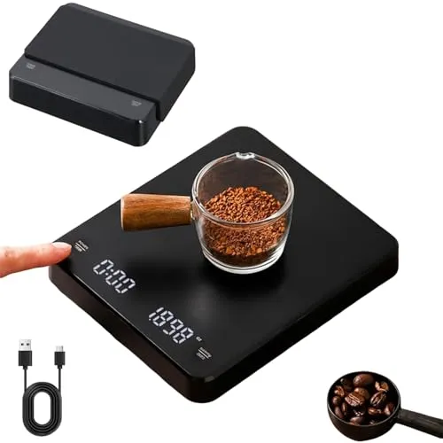 Kaffeewaage mit Timer, Digitale Küchenwaage 0,1g Genau, Max. Gewicht 3 kg, mit Display, Tara-Funktion, Silikon Pad, Feinwaage Küche Wiederaufladbare, Kaffee Espresso Waage für Pour-Over