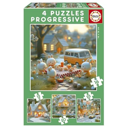 Educa – Set mit 4 progressiven Kinderpuzzles von 12 bis 25 Teilen. Stadt der Hasen. Maße: 16 x 16 cm. Empfohlen ab 3 Jahren (20217)