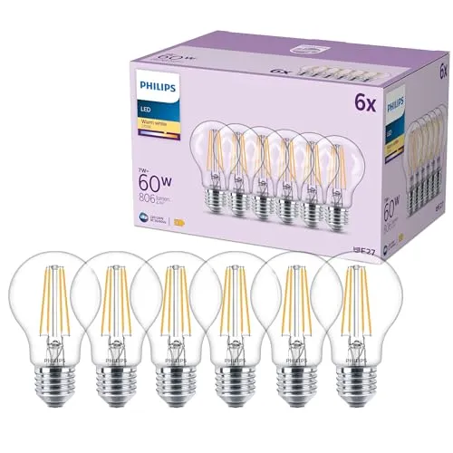 Philips classic A60 LED Lampe, 60 Watt, klar, E27 Sockel, 2700 K warmweißes Licht, 6er Pack