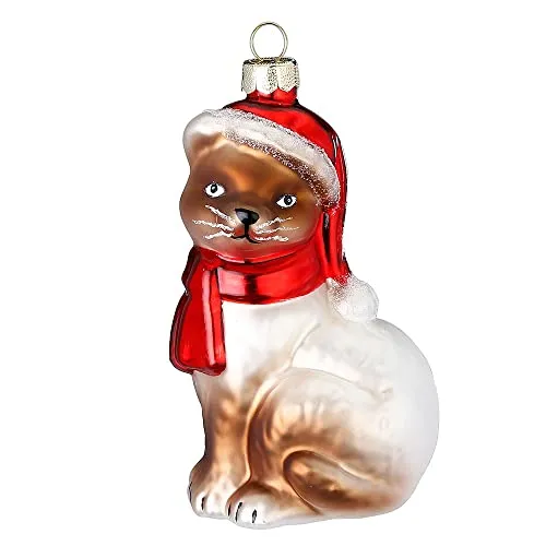 Inge-glas Christbaumschmuck Glas 10cm Katze mit Mütze und Schal Weihnachtskugeln Hauskatze braun
