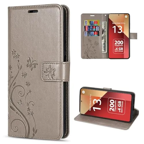 betterfon Hülle Kompatibel mit Xiaomi Redmi Note 13 Pro 4G | Premium PU Leder Handyhülle Wallet Case für Redmi Note 13 Pro 4G | Schutzhülle Blumen Klapphülle Handyhülle | Grau