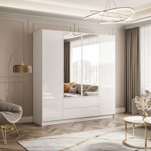 Kippbarer Kleiderschrank AUREL 4D2SZ Weiß Hochglanz mit Spiegel - Drehtürenschrank mit elegantem Hochglanzfinish und Spiegel, hoher Stauraum und funktionale Innenaufteilung für optimale Ordnung.