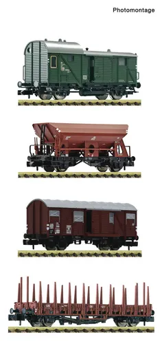 Fleischmann 6660119 N 4er-Set: Güterwagen der DB - Modelleisenbahn-Set mit 4 hochwertigen Güterwagen, darunter ein Begleitwagen und ein Selbstentladewagen, ideal für detailgetreue Modellbahnanlagen.