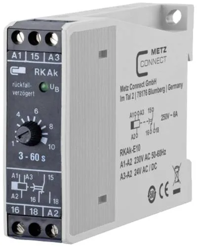 Metz Connect 110304412005 RKAk-E10 Zeitrelais - Ausschaltverzögertes Zeitrelais für 230 V/AC, mit präziser Zeiteinstellung über lineares Potentiometer – ideal für verschiedene Automatisierungsprojekte.