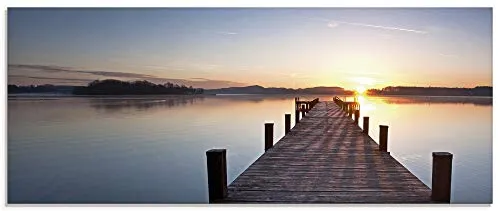 ARTland Wanddeko Glasbilder Wandbild Glas Bild einteilig 125x50 cm Querformat Natur Landschaft See Sonnenuntergang Steg Wald Himmel Sonne T9MV