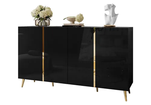 Schwarz hochglanz Kommode ONYX 4D auf goldenen Beinen mit Push-to-Open
