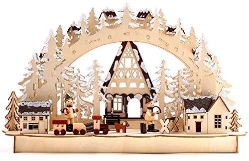 BRUBAKER 3D LED Lichterbogen - Winterlandschaft mit handbemalten Holzarbeitern, stimmungsvolle LED-Beleuchtung und traditionelles Erzgebirgen-Design