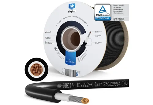 HB-DIGITAL Solarleitung H1Z2Z2-K 4mm² - TÜV-zertifiziertes Solarkabel - Hochwertiges Photovoltaik-Kabel mit robustem XLPE-Mantel für zuverlässige Energieübertragung. Ideal für Solaranlagen, mit geprüfter Qualität und ausgezeichneten elektrischen Eigenschaften.