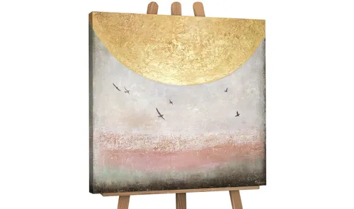 YS-Art Gemälde Sonnenenergie II, Landschaft, Leinwand Bild Handgemalt Goldene Sonne Vögel Abstrakt