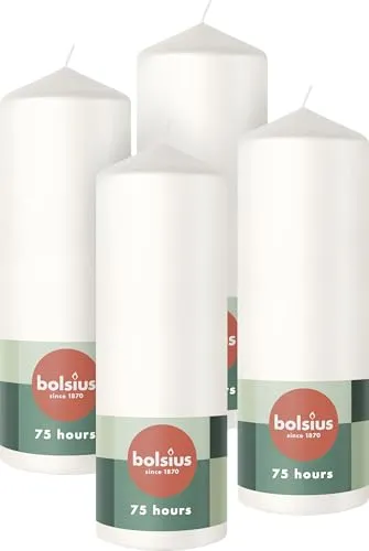Bolsius 4er Set glatte StumpenKerzen, 20cm, weiß in weiß von Bolsius