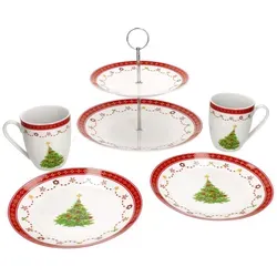 5tlg Etageren Set Weihnachtstraum für 2 Personen aus Porzellan - Etageren Set für festliche Anlässe, aus robustem Porzellan mit weihnachtlichem Dekor und spülmaschinengeeignet, ideal für Brunch und Nachmittagsleckereien.
