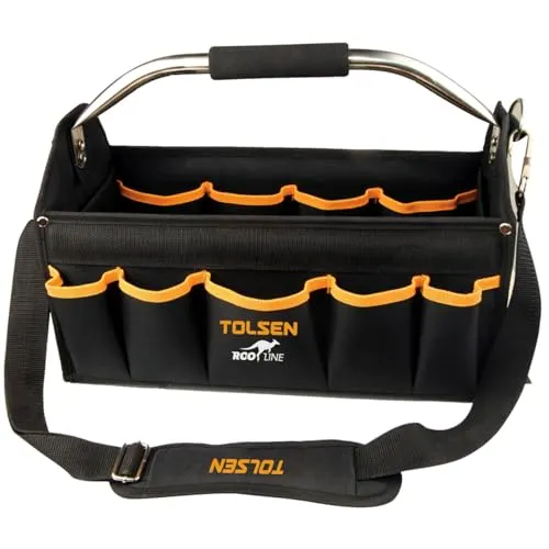 Tolsen XL Werkzeugtasche mit Schultergurt - Robuste Werkzeugtasche aus 600D Polyester mit 15 Fächern, ideal für Hobby und Profis. Hohe Traglast von 13 kg und komfortabler Schultergurt für einfachen Transport.
