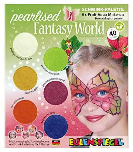 Eulenspiegel 207024 - Schmink-Palette Pearlised Fantasy World, Anleitung für 5 Fantasy Masken, Kinderschminke, Faschingsschminke