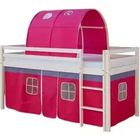 Homestyle4u Hochbett 90x200 cm - Kinderbett Weiß mit Pinkem Vorhang & Tunnel - Betten: Ideal für fantasievolle Abenteuer, mit viel Stauraum und abnehmbarem, waschbarem Vorhang für ein sauberes Kinderzimmer.