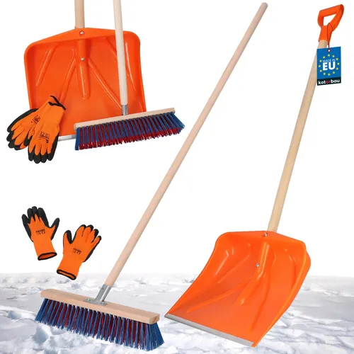 KOTARBAU® Set Schneeschaufel mit Holzstiel 136 cm Straßenbesen 43 cm + Handschuhe Schneeschieber Snow Shovel Schneeräumer Gartenbesen mit Stiel draußen Schneeschaufel Auto Holz Stiel zur Schneeräumung