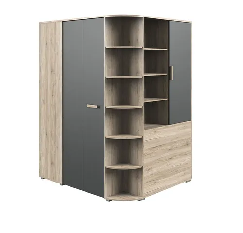 Lomadox Kleiderschrank CANTON-43 in Eiche Nb. mit Graphit - Begehbarer Eckkleiderschrank mit Falttür in Eiche Nachbildung. Optimaler Platz für Kleidung dank 15 Einlegeböden und flexibler Aufbauoption. Perfekt für ein modernes Kinder- oder Jugendzimmer!