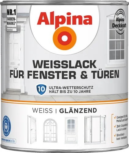 Alpina Weißlack für Fenster & Türen 2 Liter glänzend - Hochwertiger Lack für Holz und Metall, glänzende Oberfläche, ideal für Fenster und Türen im Innen- und Außenbereich. Einfach mit Pinsel oder Roller aufzutragen.