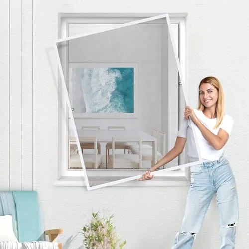 jarolift Fliegengitter für Fenster SlimLine Insektenschutz ohne Bohren, mit Alurahmen Spannrahmen, Mückenschutz Mückengitter, 120 x 150 cm, Weiß