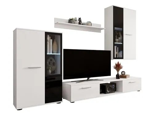 MIRJAN24 Wohnwand Salsa - Elegante Mediawand für Ihr Wohnzimmer - Wohnwände in Weiß mit stilvollen Vitrinen und Glasböden, ideal für modernes Wohndesign. Praktisch und stilvoll, perfekt für Ihr Zuhause!