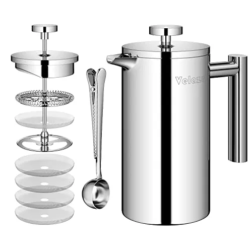Velaze French Press 1 Liter Kaffeebereiter aus Edelstahl, Kaffeezubereiter Doppelwandig Isoliert, Französische Kaffeepresse mit 5 Edelstahlfilter und 1 Löffel, Kaffeekanne Silber