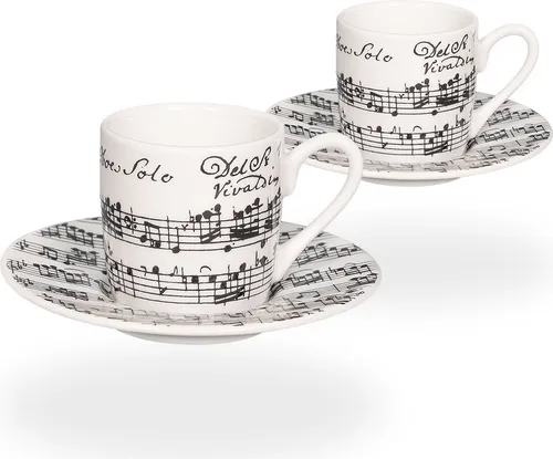 tea4chill Könitz Espresso Tassen Set Vivaldi Libretto. 2 Kaffeetassen 65ml aus Porzellan. Espressotassen, schwarz-weiß
