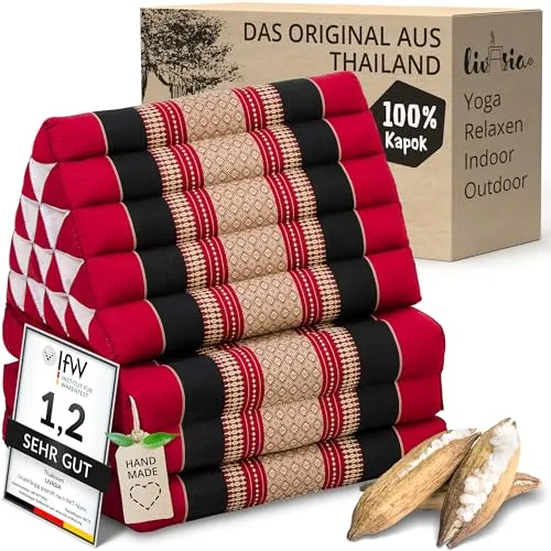livasia Thaikissen 3 Auflagen extrahoch - 185x55x8cm - Faltbares Dreieckskissen mit Klappmatratze (Rot/Schwarz) - Erlebe entspannten Komfort mit dem livasia Thaikissen! Ideal für Meditation und Yoga, lässt sich die Klappmatratze schnell verstauen und bietet vielseitige Nutzung im Innen- und Außenbereich. Handgefertigt aus nachhaltigen Materialien.