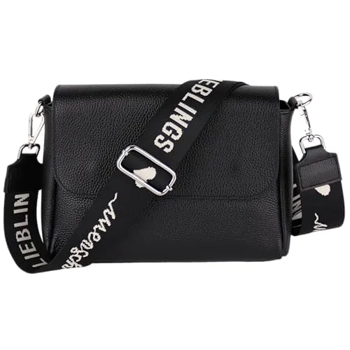 Umhängetasche Damen, Crossbody Bag, Echtleder Made in Italy (1 Tasche 2 Gurte oder Basic Version 1 Tasche 1 Gurt), 27x20x7cm (BXHXT) Mittelgroß (Upgrade Version (mit 2 Gurte): Schwarz Lieblingsmensch)