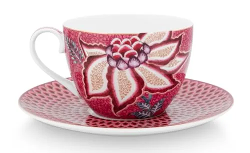 Pip Studio Flower Festival Tasse mit Untertasse - Dunkelpink 280ml - Elegante Cappuccinotasse mit passender Untertasse aus hochwertigem Porzellan. Ideal für stilvolle Kaffeepausen und ein schönes Ambiente.