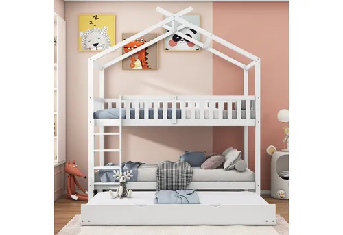 OKWISH 3in1 Etagenbett für Kinder 90x200 cm – Ausziehbar & Platzsparend - Das weiße Etagenbett bietet flexibles Design für wechselnde Schlafbedürfnisse. Mit ausziehbarem Zusatzbett für Gäste und sicherem Geländer – ideal für Kinderzimmer. Hergestellt aus robustem Kiefernholz mit umweltfreundlicher Oberfläche.