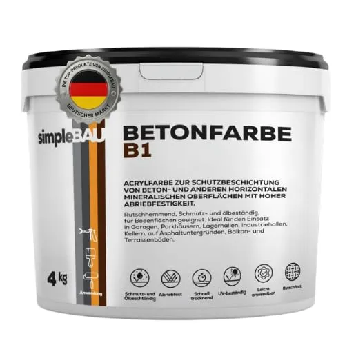 simpleBAU Betonfarbe B1 Grau 4 Kg - Rutschfeste und wetterfeste Garagenbodenbeschichtung - Hochwertige Acrylfarbe für Betonoberflächen, ideal für Garagen, Balkone und Terrassen. Mit starker Haftung und rutschfester Oberfläche schützt sie vor Schmutz und Witterungseinflüssen. Einfach zu verarbeiten für langlebige Ergebnisse.