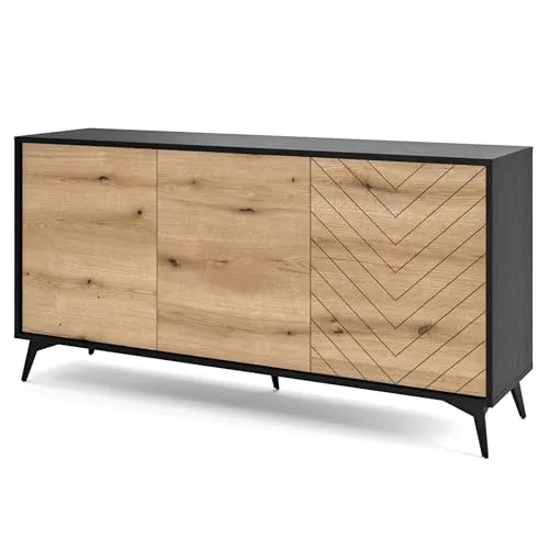 Kommode Jasper K154 - Modernes Design mit Fischgrätmuster - Buffets mit grifflosen Türen und Schubladen, eleganten schwarzen Metallfüßen und hochwertiger, langlebiger Verarbeitung. Ideal für stilvolle Wohnräume.