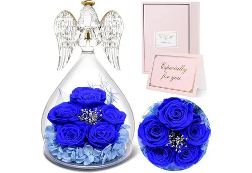 Gestecke Ewige Rose Engel Glas Geschenkbox 5 handgemachte Rosen Blau, LuxusKollektion