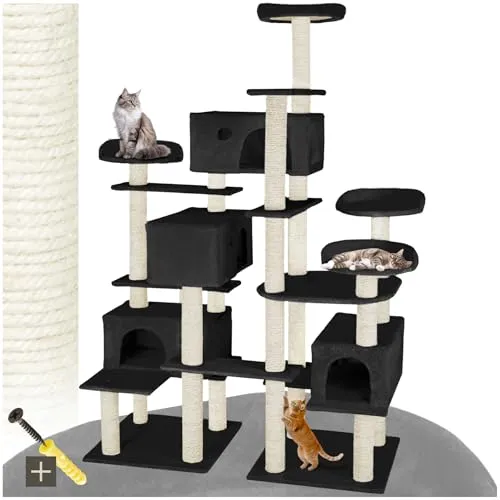 TecTake Kratzbaum Entissar 214cm - schwarz - Aktivitätskratzbaum für Katzen mit 4 Aussichtsplattformen und 4 gemütlichen Katzenhäusern, ideal zum Spielen und Entspannen. Robuste Sisalsäulen und Kippschutz sorgen für Sicherheit und Stabilität.