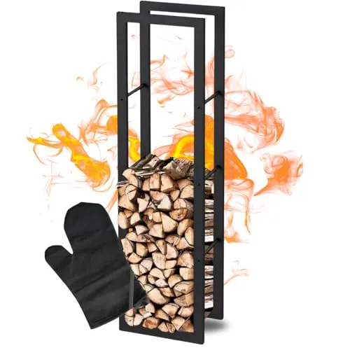 DELUKE Kaminholzregal innen Metall KEOP | Schwarz | 40x25x150cm | Brennholzregal Inkl. Ofenhandschuh | Feuerholzregal Kaminholzhalter Holzständer Holzhalter Holzlager