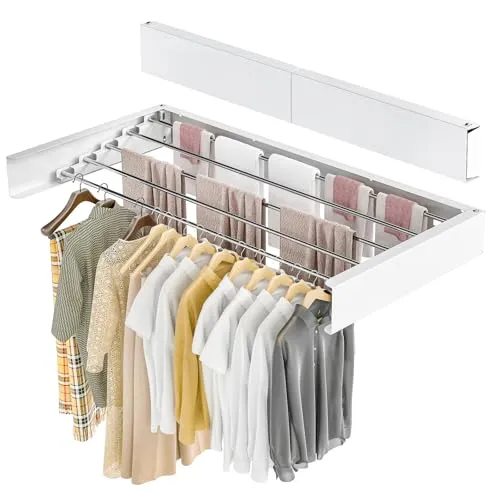 Toemics 100 cm x 40 cm x 10cm Wandwäschetrockner Platzsparend Ausziehbar Trockenlänge Wäscheständer Wandmontiert Wandtrockner für drinnen und draußen (Weiß)