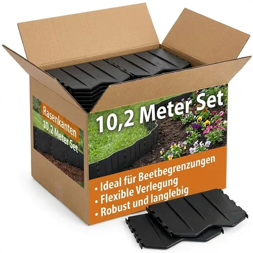 BURI Rasenkante Kunststoff 10,2 m Set – Flexible Beetumrandung - Gestalten Sie Ihren Garten mit der flexiblen Rasenkante aus 100% recyceltem Kunststoff. Wetterfest und frostsicher bietet sie eine langlebige, saubere Abgrenzung für Rasen und Beete – ohne Graben, einfach zu montieren.