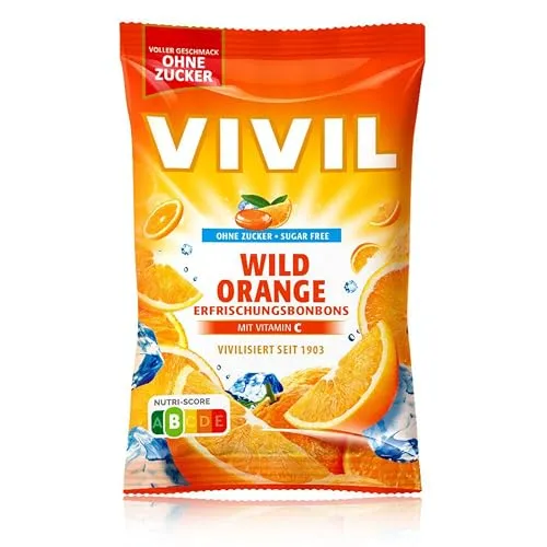 VIVIL Wild Orange mit Vitamin C, 1 Beutel, Erfrischungsbonbons mit Orangegeschmack, ohne Zucker & vegan, 1 x 120g